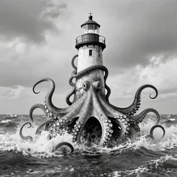 the tentacles of a gigantic octopus emerging from the stormy sea wrapped around an old lighthouse, very wide shot, anamorphic, 2 0 mm, old black and white photography, photorealistic, highly detailed