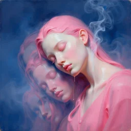 3 d, close - up, liquid white oil, sleepy fashion model, deep blue fog, smoke, poster art, high detail, intricate oil painting, multiple exposure, deep pink color palette, hyperrealism, 3 d, by tooth wu and wlop and beeple and greg rutkowski