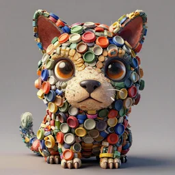 stylish colourful caricature - 3 d vfx art - of an animal made of bottlecaps, art style by zdzisaw beksinski & hsiao - ron cheng, character concept art, unreal engine render, digital illustration, sharp, intricate detail, volumetric light, ray tracing, soft light, claymation style, symmetric, acrylic on canvas, pinterest, artstation,