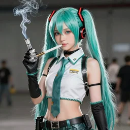 hatsune miku cosplayer smoking a bong in call of duty black ops 2, call of duty screenshot, ps3 game,