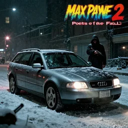 Audi A4 B6 Avant (2002), a gritty neo-noir, dramatic lighting, cinematic, eerie person, death, homicide, homicide in the snow, gunshots, establishing shot, extremely high detail, photorealistic, cinematic lighting, artstation, by simon stalenhag, Max Payne (PC) (2001) winter New York at night, In the style of Max Payne 2 graphic novel, flashing lights, Poets of the Fall - Late Goodbye