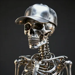 A masterpiece portrait of a male skeleton made entirely of stainless steel, wearing a baseball cap, cinematic lighting, Michael Whelan