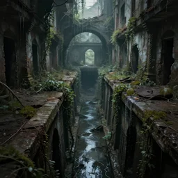 inside the old sewers in the ruined part of the city. fantasy art, dripping water, standing water, channel, vines, ruins, abandoned spaces, darkness and light, dungeons and dragons.