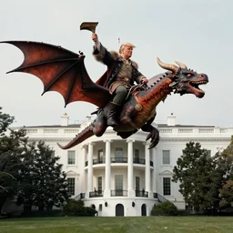 a viking holding the head of donald trump riding a dragon flying, over the white house