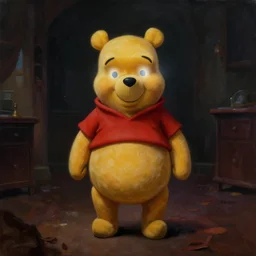 painting of winnie the pooh with [ [ [ glowing white eyes ] ] ] standing creepily in the middle of the room, creepy, dark atmosphere, photorealistic, highly detailed, hd, trending on artstation
