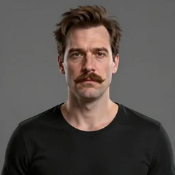 A british man with a wide face and skinny neck and body with a mustache and short brown hair, in a black short sleeve shirt, 4k resolution, 8k resolution, HD Quality, highly detailed, very detailed, detailed, studio quality lighting, digital art, trending on artstation, front face, front view