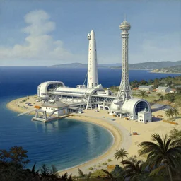 a beautiful and detailed illustration of a spaceport in a bay by Robert McCall =, cinematic atmosphere, establishing shot@-W 1216