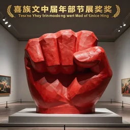 statue of giant red fist in art gallery, concept art, sharp edges