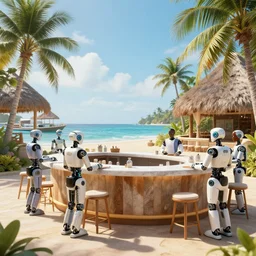 photo of a post apocalyptic tropical resort, highly detailed, robot servents waiting at the counter
