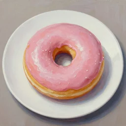 Donut with pink glaze on white plate, oil painting,