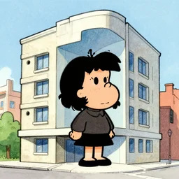 Artwork of a building with a visible humanoid in the style of mafalda,