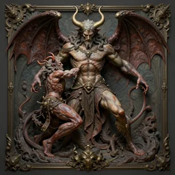 a detailed sculpture of god crushing satan, demonic, demon, symmetry, symmetrical, viking, by greg rutkowski and justin gerard, digital art, monstrous, art nouveau, baroque style, realistic painting, very detailed, fantasy, dnd, character design, top down lighting, trending on artstation