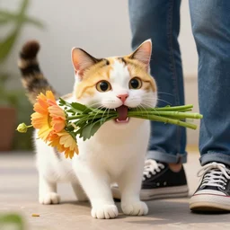 pov shot photography of white yellow black cat, biting a flowers bouquet in her mouth next to a human standing wearing jeans and sneakers, large happy eyes, octane render, photorealistic, 8 k