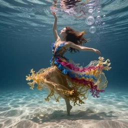 a beautiful woman with long hair dancing underwater wearing a very long flowing dress made of many translucent layers of golden and blue and magenta lace seaweed, caustics lighting from above shines on the sandy bottom, bubbles flicker with large translucent swirling shapes in the background, octane render, cinematic, hyperdetailed