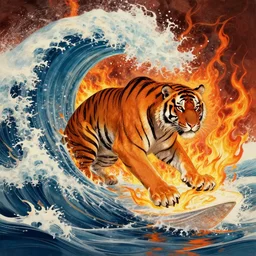 a tiger surfing a wave of fire by artstation, deviantart, artspace, artspan, artslant, etsy, pixiv, artfol, behance, instagram, artbox, artube, artstar, artsy, minted, beeple, artgerm, surrealism, hyperrealism, symbolism, masterpiece, award - winning intricate 4 k