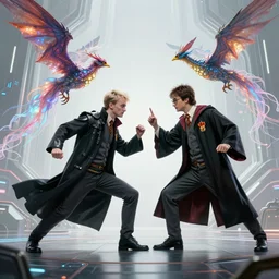 Harry potter fighting Voldemort, high tech, cyberpunk, dystopian, jellyfish phoenix dragon, butterfly squid, burning halo, intricate artwork by Tooth Wu and wlop and beeple, greg rutkowski, very coherent symmetrical artwork, cinematic, hyper realism, high detail, octane render, unreal engine, 8k, Vibrant colors, Smooth gradients, High contrast, depth of field, aperture f1.2