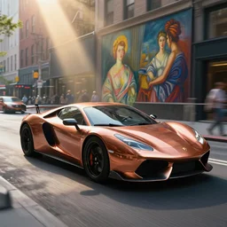 copper colored sport car racing through a street in nyc, painted by, mc escher, gordon onslow ford, georgia o'keeffe and ivan aivazovsky, cinematic light, god rays, colourful.