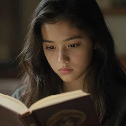 an ultra realistic, cinematic, headshot portrait, of a girl reading a book, hair flowing down, facial features, detailed, deep focus, movie still, dramatic lighting, ray tracing, by michal karcz and yoshitaka amano