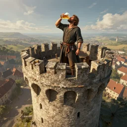 a man drinking a beer on top of a huge tower, medieval era, hyper-detailed digital masterpiece