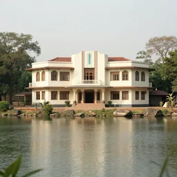 a beautiful art deco house, on a lake, surrounded by trees and rocks, in central india, 1 9 7 0 s, by alex webb, by gregory crewdson, featured on architecture daily, shot on large format film, grainy, cinematic composition, beautiful volumetric lighting, no frames