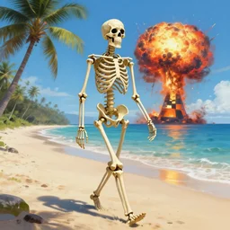 Beautiful digital painting portrait of relaxed skeleton walking on the tropical beach with (nuclear bomb explosion in the background)!!!, by James Gurney, high quality, trending on Artstation, realistic, tropical color scheme, anatomically correct skeleton, high coherence, clear blue sky