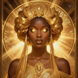 black african princess, warm volumetric lighting, cosmic, symmetric, highly detailed, elegant, concept art, heavenly, god rays, intricate, sharp focus, illustration, glowing eyes, alexandros pyromallis, bouguereau, rutkowski, artgerm, alphonse mucha