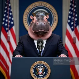 a photo of an anthropomorphic hippopotamus in a suit as the president of the united states delivering the state of the union address. getty images ( 2 0 2 2 )