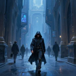 hyperrealistic and beautiful painting of a lone cloaked figure walking through the alley way within a grand city, wanderers traveling from afar, man dressed in techwear, classical architecture, technological lights, screens, cyberpunk style, 8 k resolution, by hugh ferris and john smith, polished, fine detail, intricate, blue color scheme, cyberpunk style, smooth, octane, concept art, trending on artstation