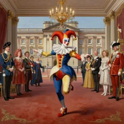 painting of a jester dancing inside the buckingham palace surrounded by royal family, surreal highly detailed, artstation greg rutkowski