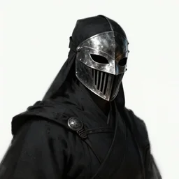 an ancient warrior in black wearing a metal mask, digital art