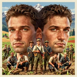 detailed - face!!! symmetrical!!!, looking at camera!!!, posing!! highly detailed german 1 9 4 0 s poster of farmers in a crop field working, posing, the alps are in the background, in gta v, stephen bliss, unreal engine, fantasy art by greg rutkowski, loish, rhads, ferdinand knab, makoto shinkai