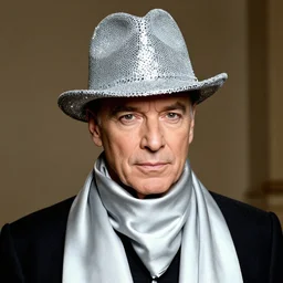 portrait of vincent price wearing silver shriner like velvet sequin hat, wrapped in a silver colored silk scarf, nehru wizard jacket