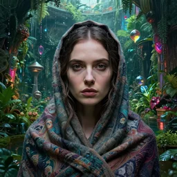 detailed face of a composed woman clothed wrapped in textiles, lush, opulent, walled garden, utopian, tech noir, wet reflections, prism, atmospheric, ambient, pj crook, syd mead, livia prima, artgerm, greg rutkowski, nick alm, casey baugh