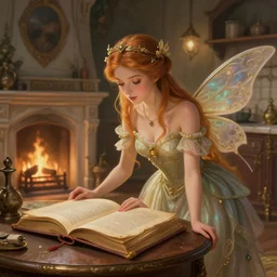 a mid - shot of a fairy in a vintage magical kitchen, with one vintage book on a table, with a fireplace in the background d & d, fantasy, intricate, elegant, highly detailed, digital painting, artstation, concept art, smooth, sharp focus, illustration, art by artgerm and greg rutkowski and alphonse mucha