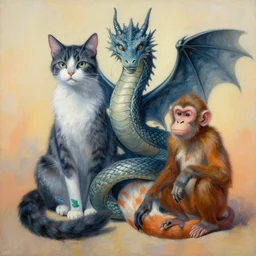painting of hybrid between cat & dragon & snake & fox & monkey, intercrossed animal, by zdzislaw beksinski, by lewis jones, by mattias adolfsson, cold hue's, warm tone gradient background, concept art, beautiful composition, digital painting