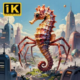 a seahorse and spider hybrid giant kaiju destroys futuristic city, surreal art, semi realistic anime, studio ghibli, makoto shinkai, cinematic award winning illustration, masterpiece, trending on pixiv, 8 k