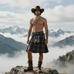 a homoerotic portrait by greg rutkowski and albert bierstadt of a shirtless handsome desi hiker on a mountain peak | he is wearing a revealing tartan kilt, cowboy hat, and leather boots | background is snowy mountains and clouds | detailed face, ethereal, dreamlike | trending on artstation