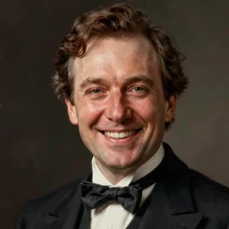 official portrait of a smiling man wearing a suit and bow tie, male, cheerful, jolly, detailed face, victorian, highly detailed, cinematic lighting, digital art painting by greg rutkowski