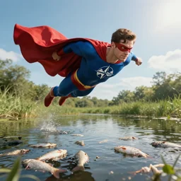 super hero with nato logo flying over pond of dead fish