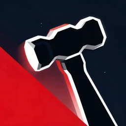 graphic design of hammer poster limited colors sharp angles, black white and red, dark navy background, isometric style inspired by fascism