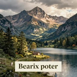 mountains, trees, and lake, by beatrix potter