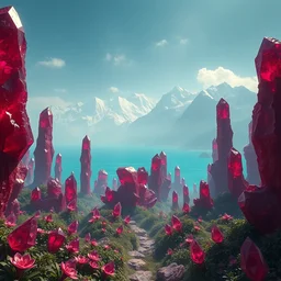 a baroque style artwork of a paradise garden full of giant ruby crystals, a land of the dead, divine, hazy, volumetric lighting, snowy summits in the background, vast turquoise lake, lush flora, empty, spacetime bending, very detailed, serene, gold accents, washed out colors, beautiful artwork, master level composition, raytracing