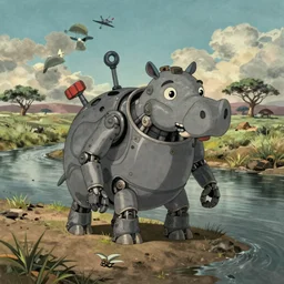 a study of a cell shaded cartoon of a grey mechanical hippo from howl's moving castle ( 2 0 0 4 ), in an african river, full body, wide shot, very muted colors, post grunge, studio ghibli, highly detailed, deviantart, art by artgem
