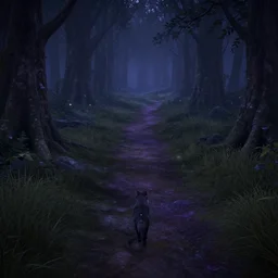 warrior cats forest location, path, dark, purple a bit, unreal engine