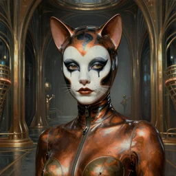 closeup painting of uncannily beautiful aristocrat wearing latex and bronze catsuitand face paint inside bronze art deco arcology, science fiction by j. c. leyendecker and fritz lang and stefan prohaczka