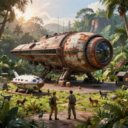 a huge futuristic rusty old alien spaceship, next to it a smaller exploration ship on a landing pad, surrounded by a lush alen jungle, in the foreground two explorers are arguing and small animals! are walking around, dawn, volumetric light, hyperdetailed, artstation, cgsociety, 8k