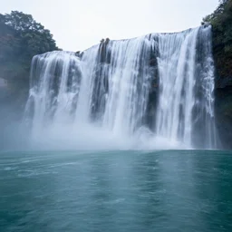 landscape photography, alien cosmic wall of waterfalls, high waterfalls and, giant beautiful radioactive waterfall, water lake filling the entire bottom of the photo, radioactive luminous substance, light reflections, cold radioactive lighting water, morning hour, beautiful, kodachrome, 4 k, hd