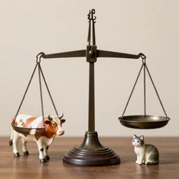 set of balance scales with weights, libra, weighing cow figurine and cat figurine