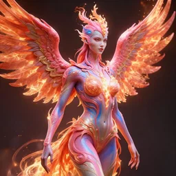 pink and blue humanoid woman flaming phoenix, character portrait, unreal engine 5, intricate, detailed, realistic, masterpiece