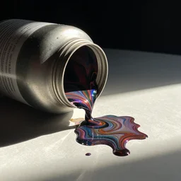 airbrush of spilled jar of swirling ink shimmering on a desk in space, dramatic afternoon lighting, intense watercolor, heavy metal, by moebius